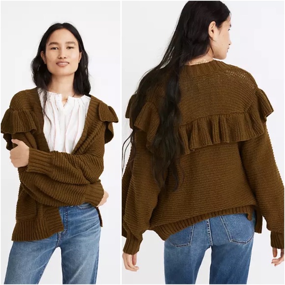 Madewell Sweaters - Madewell Ruffle Cardigan Sweater Open Front Golden Spinach Green L NWT